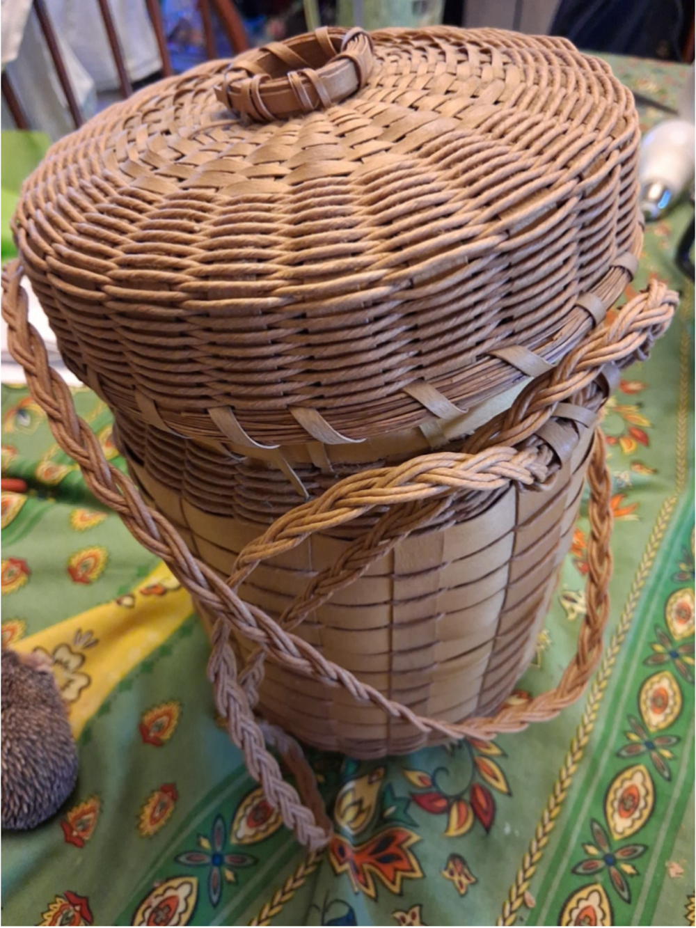 Ash splint and braided sweet grass yarn basket w braided handles New England